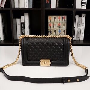 Chanel Classic Quilted Boy Bag in Black with Gold Chain